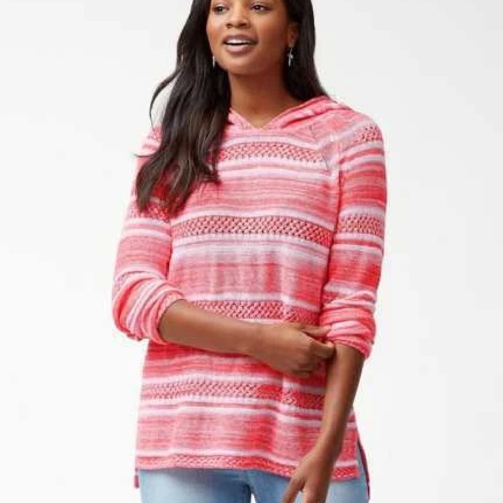 Tommy Bahama Hoodie Sweater Anacapa Marled Linen Blend Coral White Striped L
